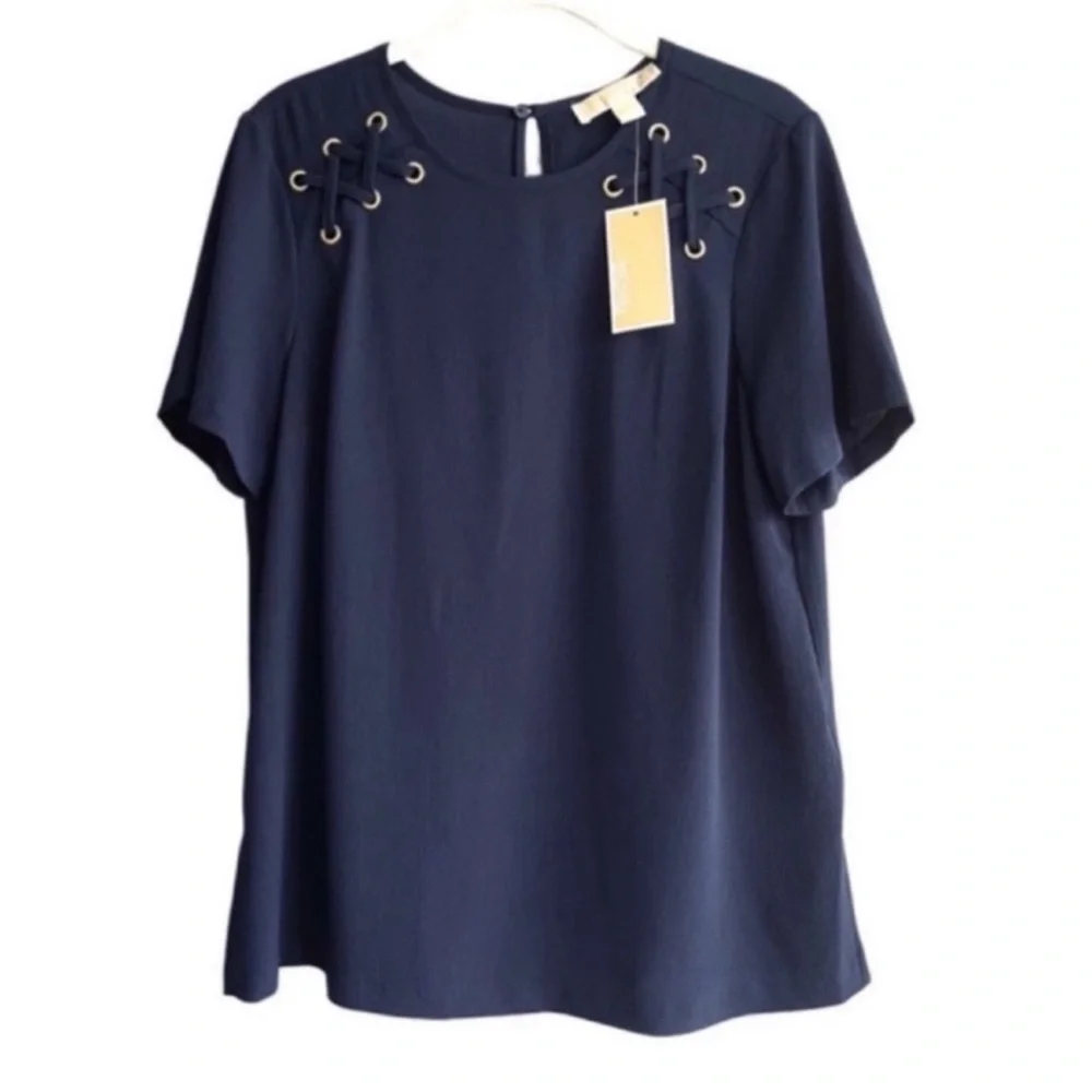NEW Michael Kors Short Sleeve Crepe Blouse Laced Detail Navy Blue Gold Size M